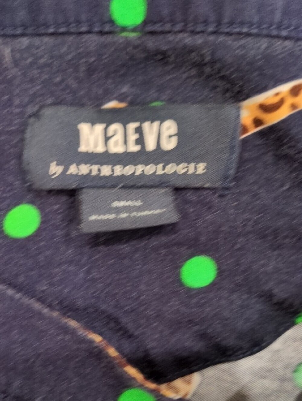 SALE - Anthropologie Navy Tee with Tan Leopard Motif and Green Polka Dots - Picture 3 of 7